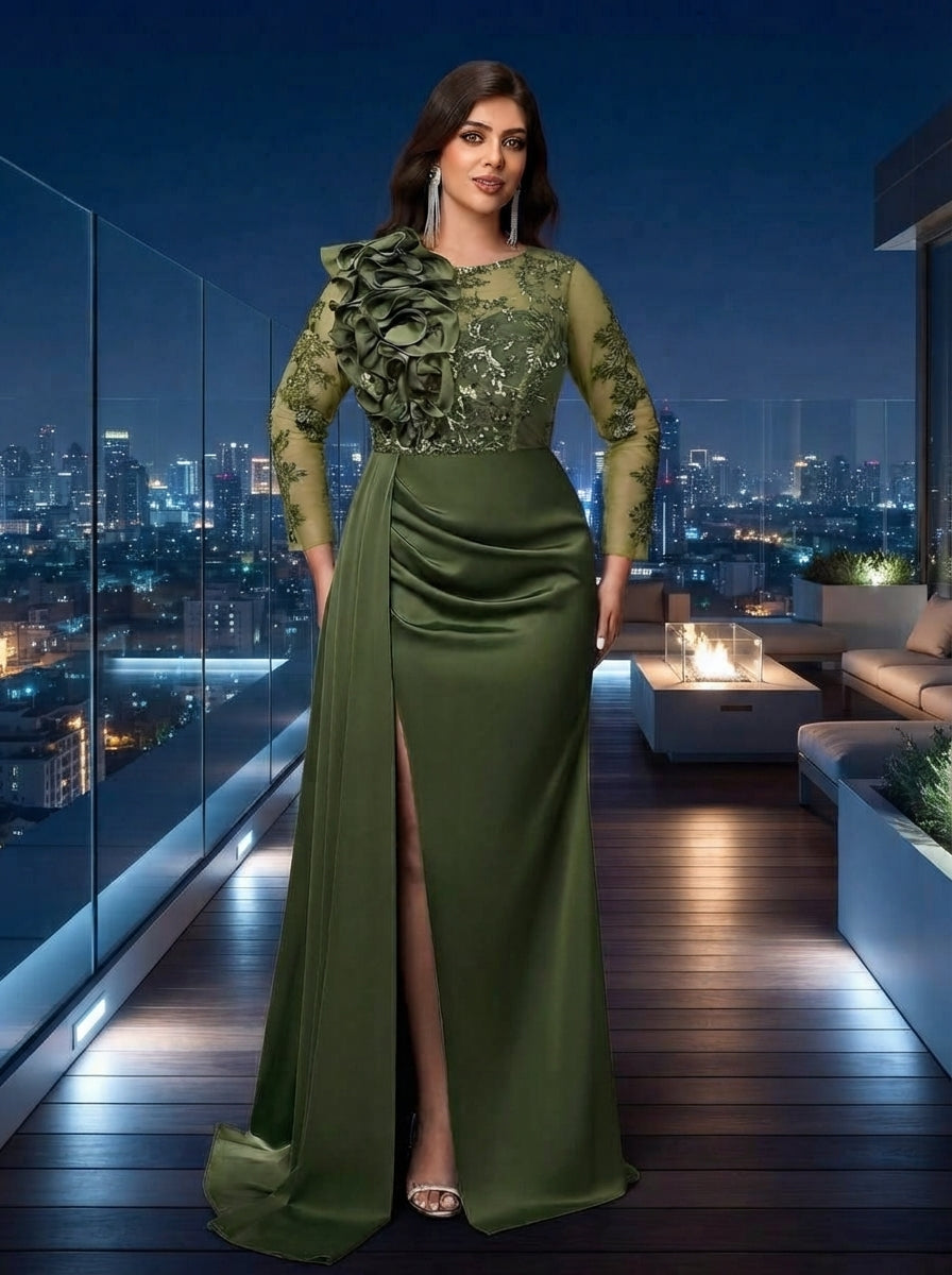 SDE3272 Plus Size Olive Green Beaded Taffeta High-Slit Gown
