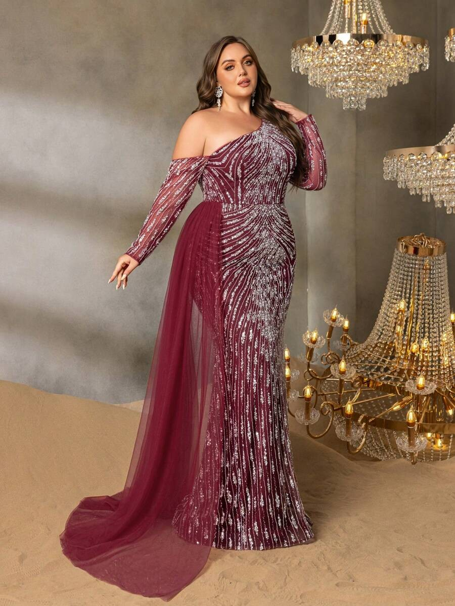 SD3255 One-Shoulder Striped Sequin Mermaid Gown