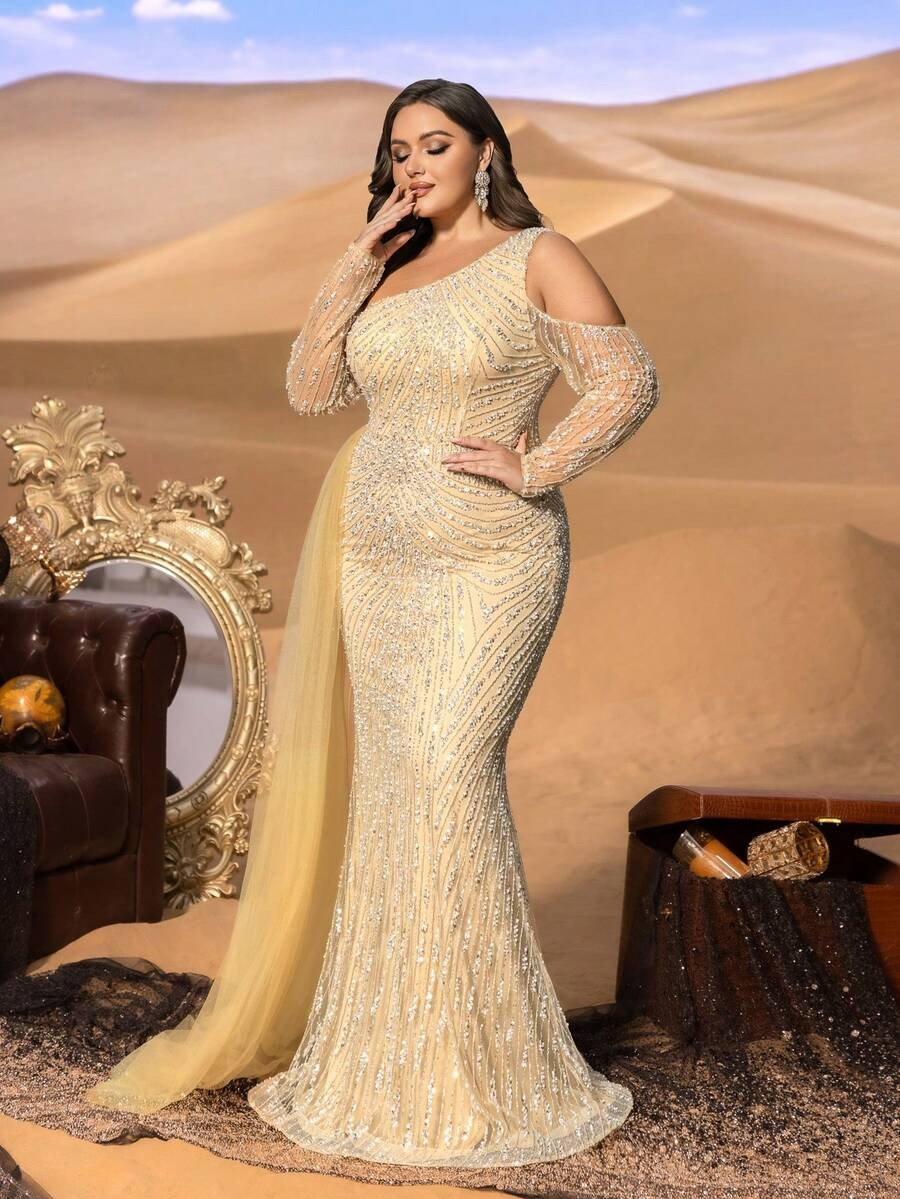 SD3255 One-Shoulder Striped Sequin Mermaid Gown