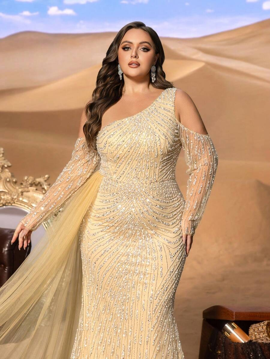 SD3255 One-Shoulder Striped Sequin Mermaid Gown