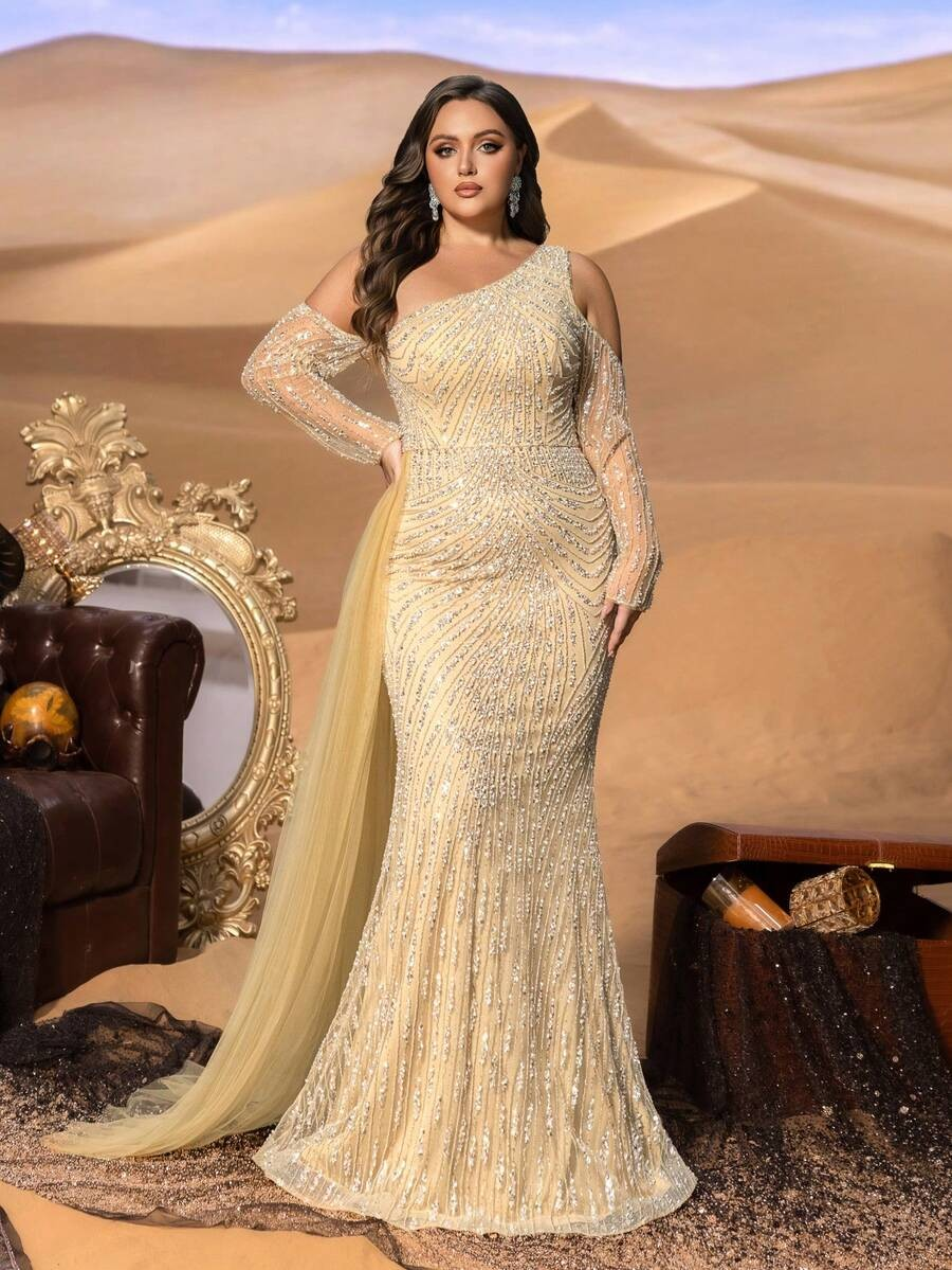SD3255 One-Shoulder Striped Sequin Mermaid Gown