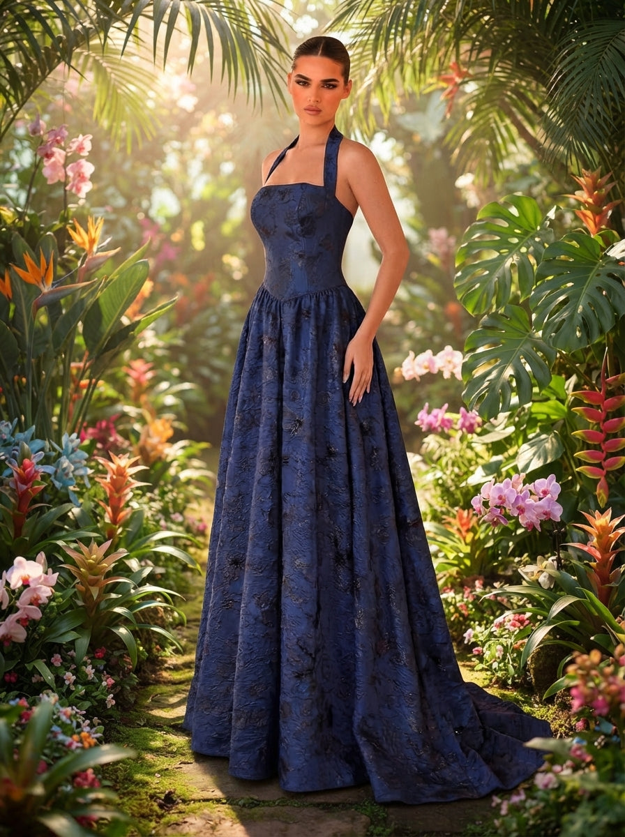 SDE3250 Elegant Burgundy Jacquard Halter Formal Evening Gown