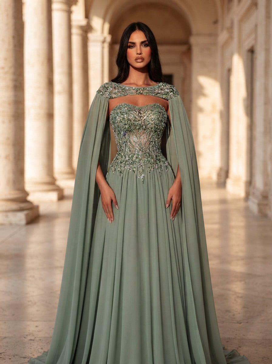 SDE3277 Luxury Pearl Beaded Heavily Embellished Chiffon Gown