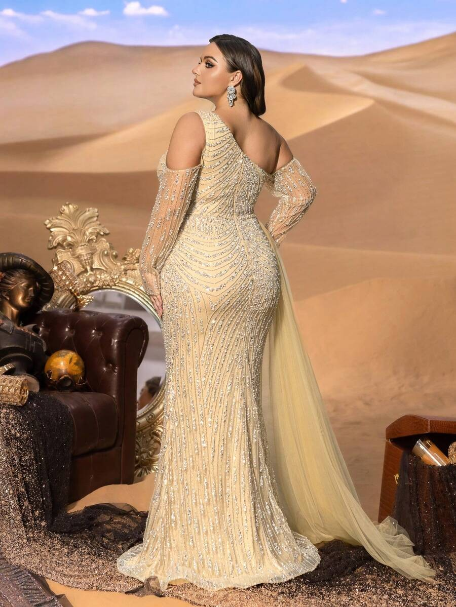 SD3255 One-Shoulder Striped Sequin Mermaid Gown