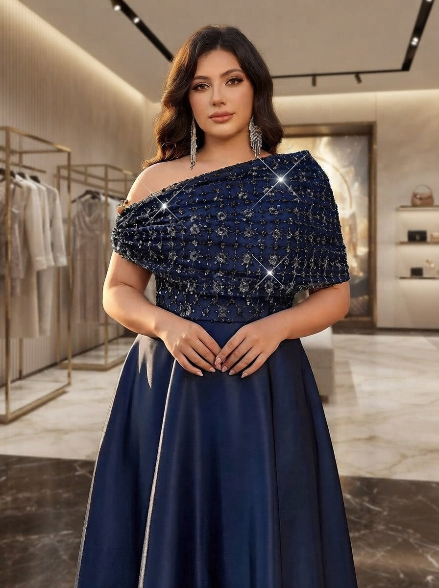 SDE3285 Plus Size Navy Blue Beaded Gown with Metal Buckle & Ruffle Detail