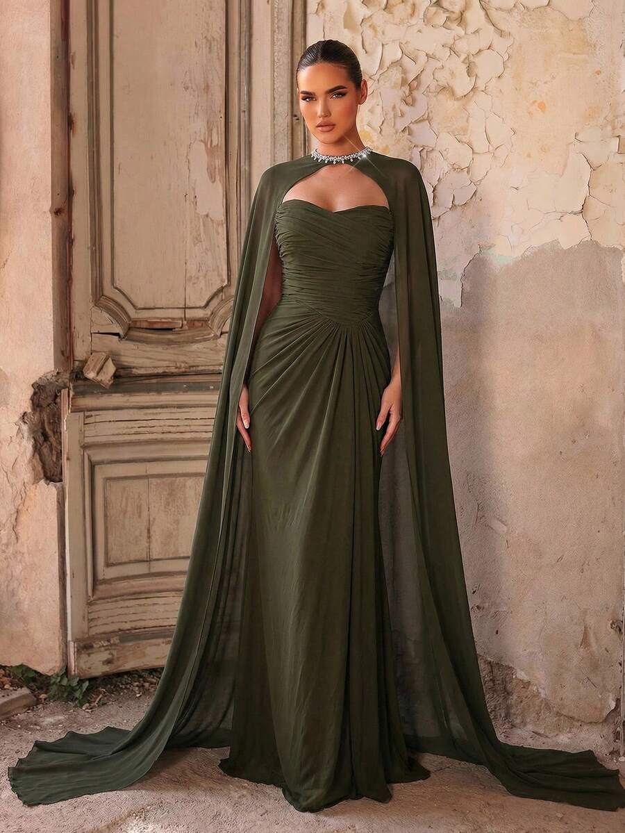 SDE3273 Military Green Stretch Knit & Chiffon Gown with Flowing Shawl – Stunning Dresses