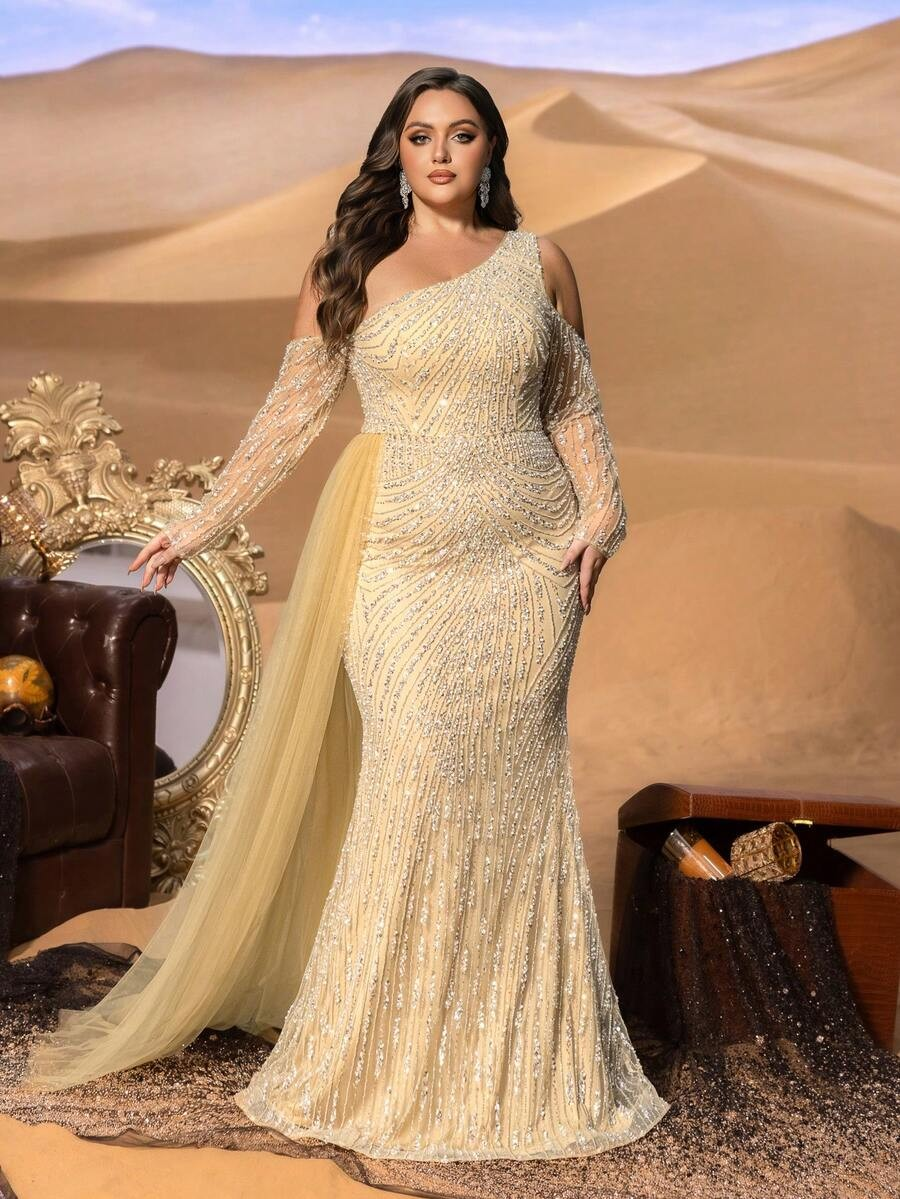 SD3255 One-Shoulder Striped Sequin Mermaid Gown
