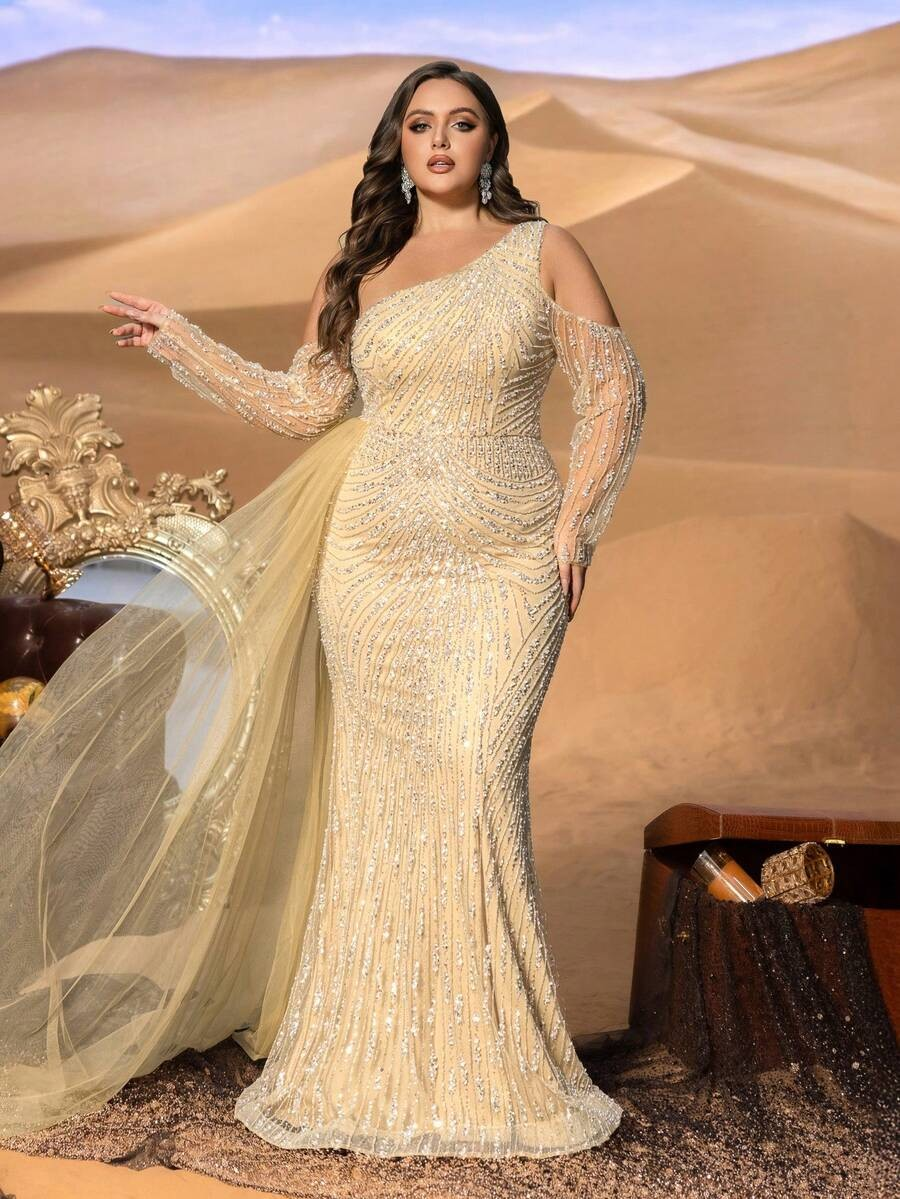 SD3255 One-Shoulder Striped Sequin Mermaid Gown
