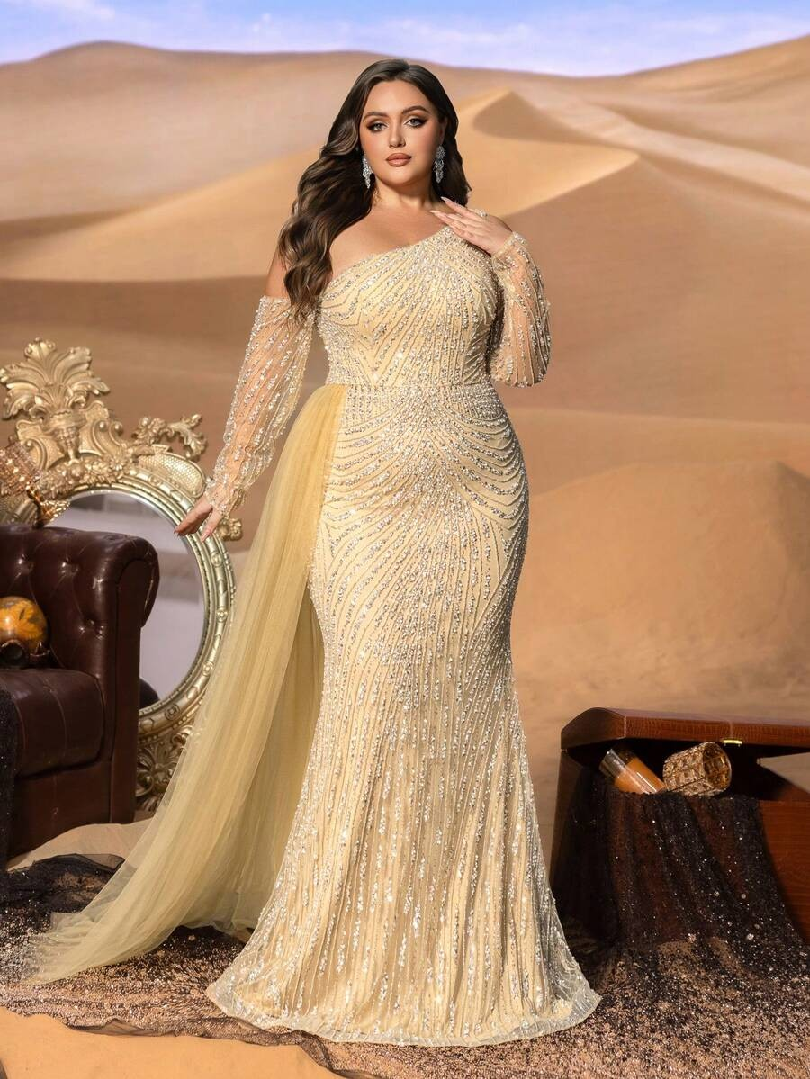SD3255 One-Shoulder Striped Sequin Mermaid Gown