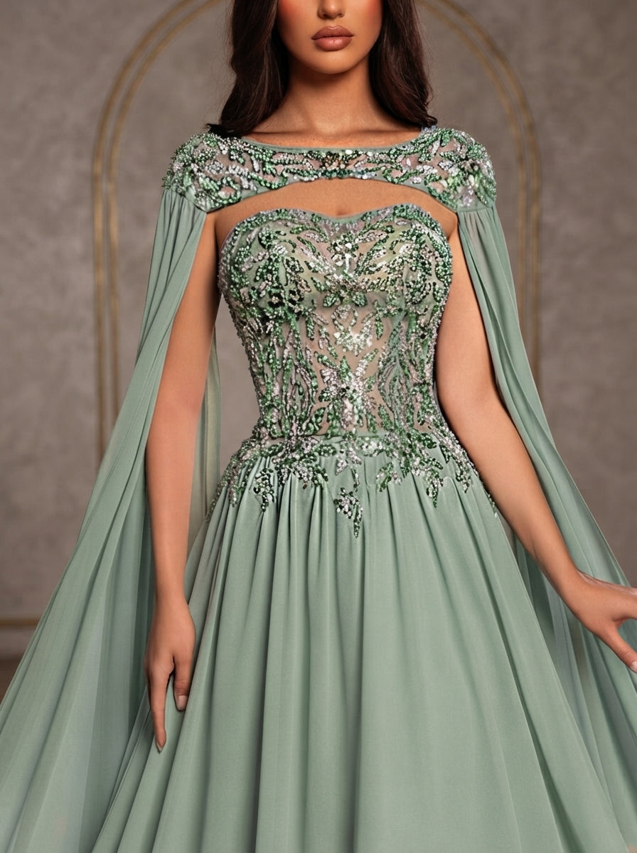 SDE3277 Luxury Pearl Beaded Heavily Embellished Chiffon Gown
