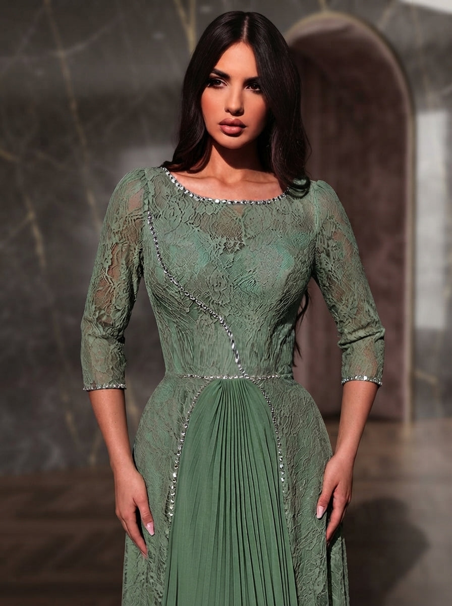 SDE3278 Luxury Lace Patchwork Chiffon Pleated Gown with Rhinestone Details