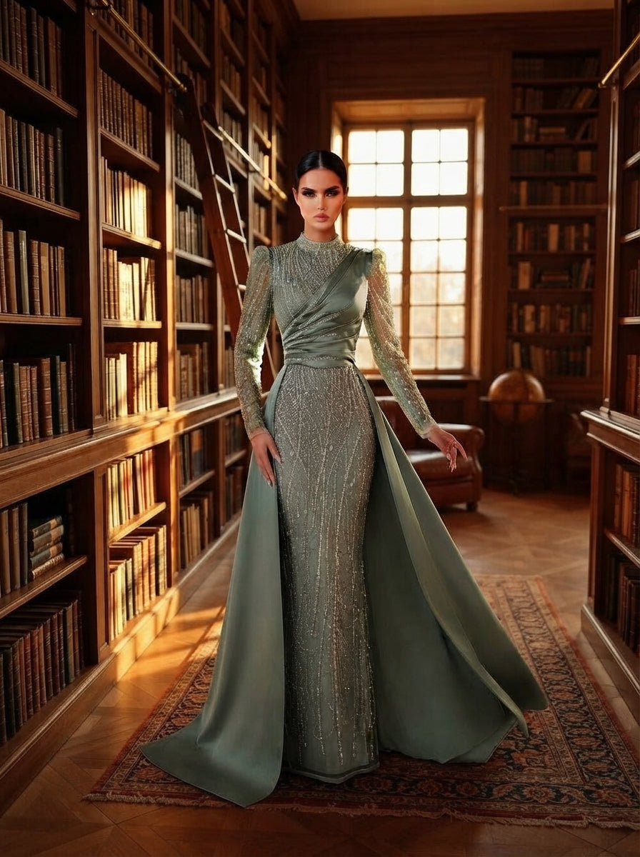 SDE3271 Luxury Beaded Embroidered Sequin Satin Fishtail Gown