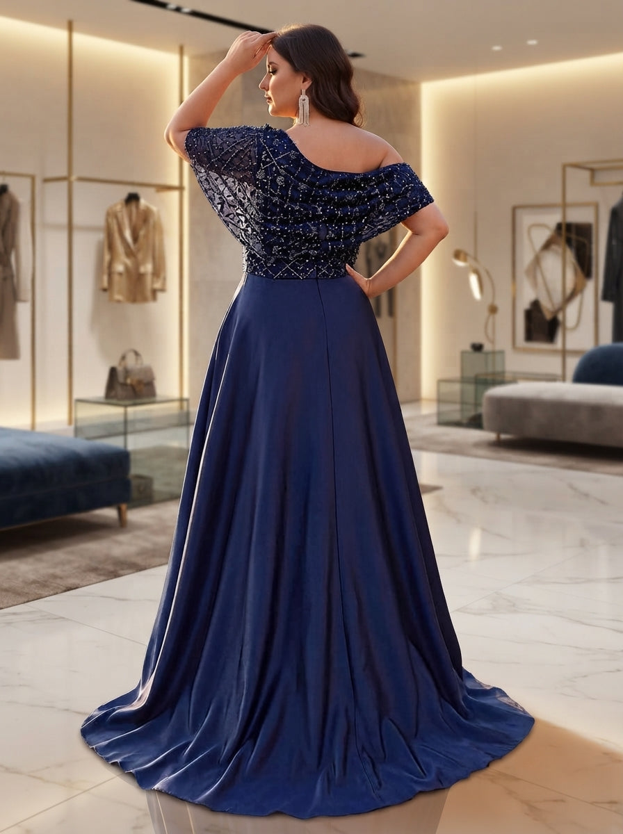 SDE3285 Plus Size Navy Blue Beaded Gown with Metal Buckle & Ruffle Detail