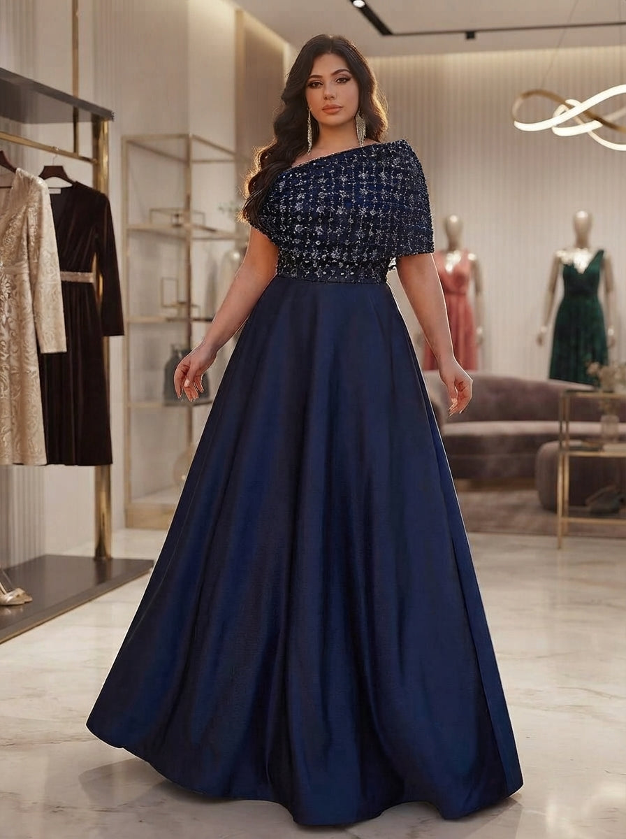 SDE3285 Plus Size Navy Blue Beaded Gown with Metal Buckle & Ruffle Detail