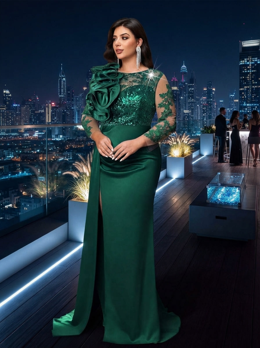 SDE3272 Plus Size Olive Green Beaded Taffeta High-Slit Gown