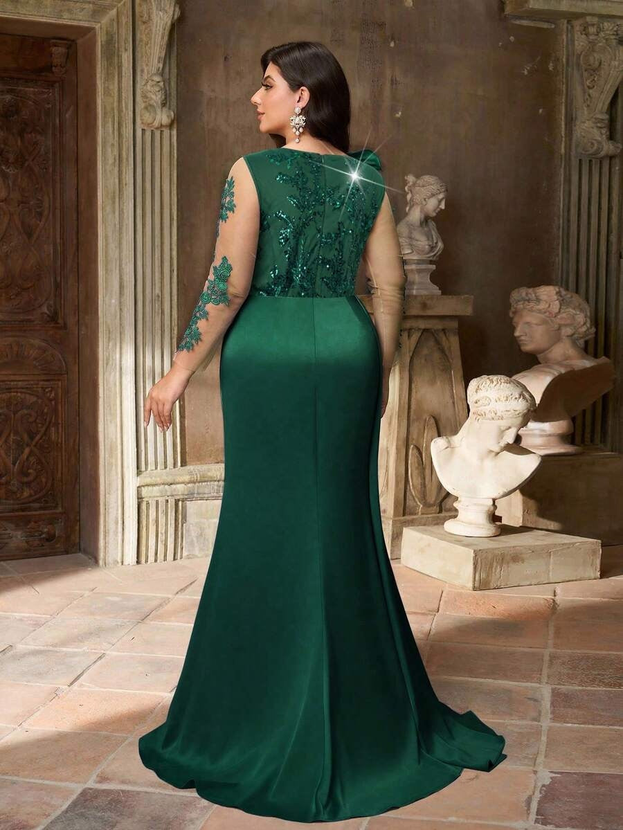 SDE3272 Plus Size Olive Green Beaded Taffeta High-Slit Gown
