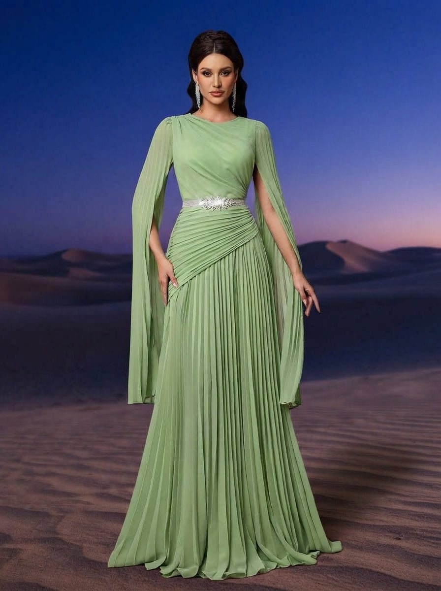 SDE3268 Blue Chiffon Pleated Evening Gown with Detachable Silver Belt