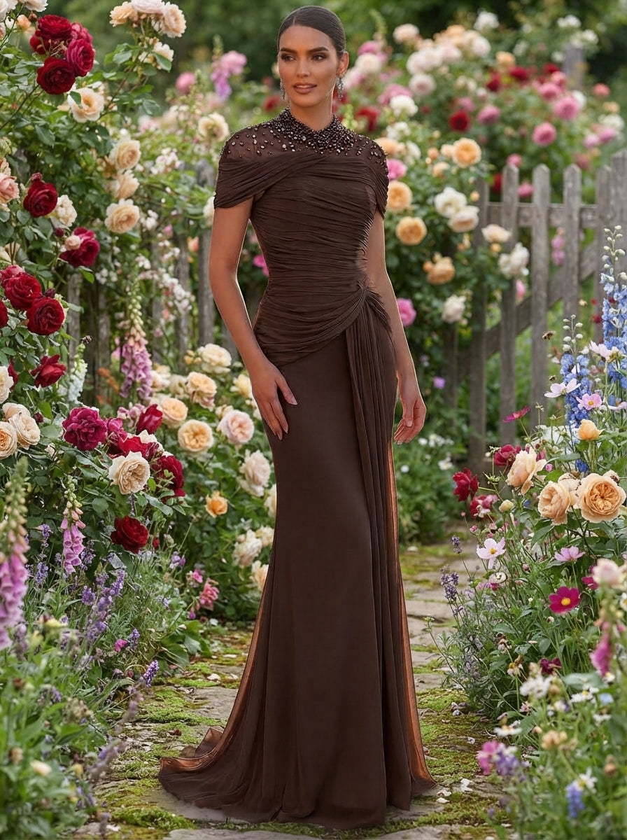 SDE3269 Luxury Diamond Sheer Splice Ruched Fishtail Gown