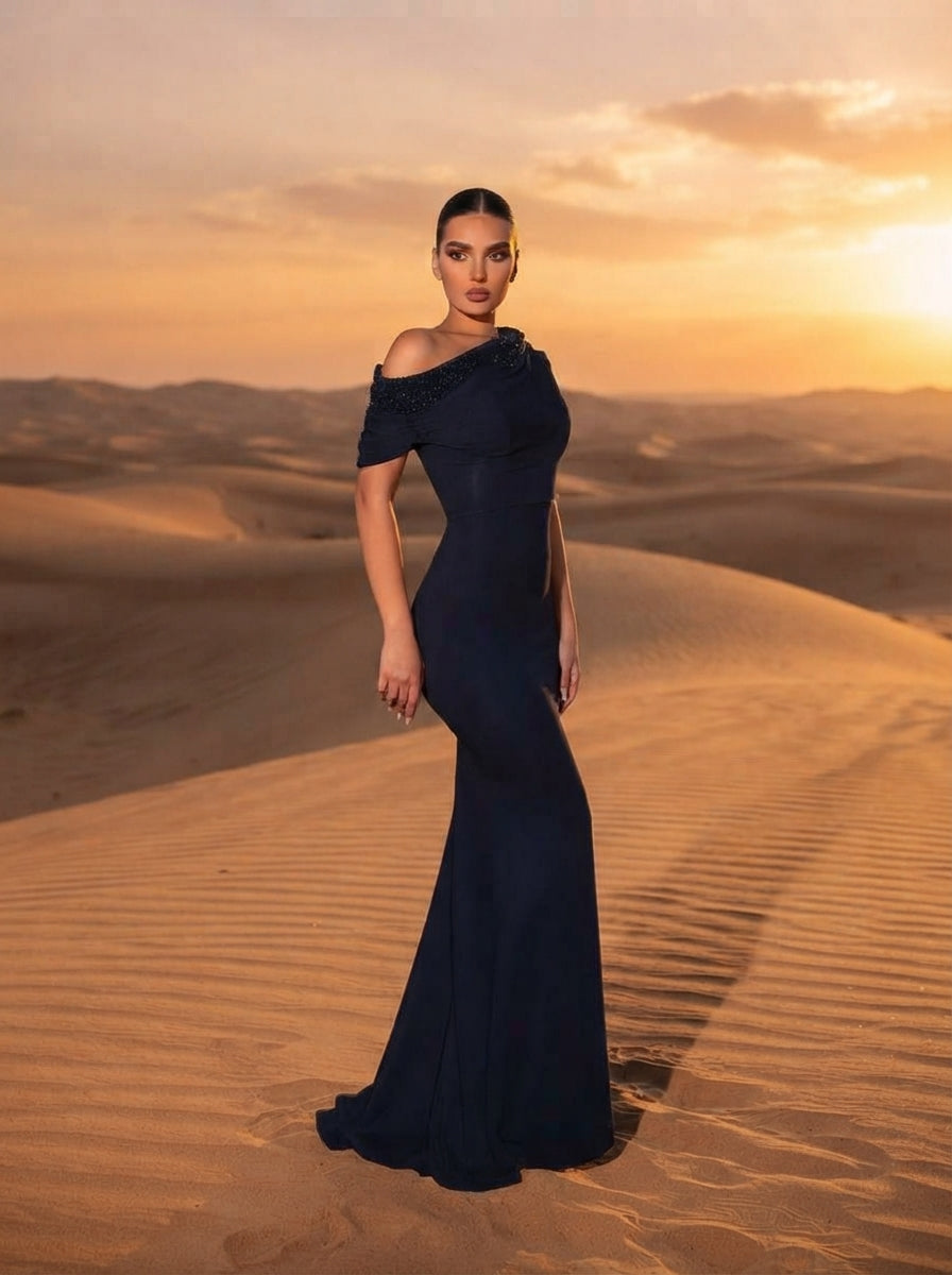 SDE3263 Black Sequined Embroidery One-Shoulder Fishtail Gown