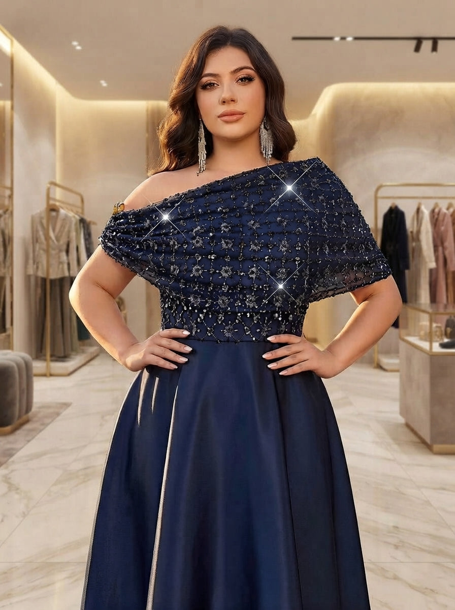 SDE3285 Plus Size Navy Blue Beaded Gown with Metal Buckle & Ruffle Det – Stunning Dresses