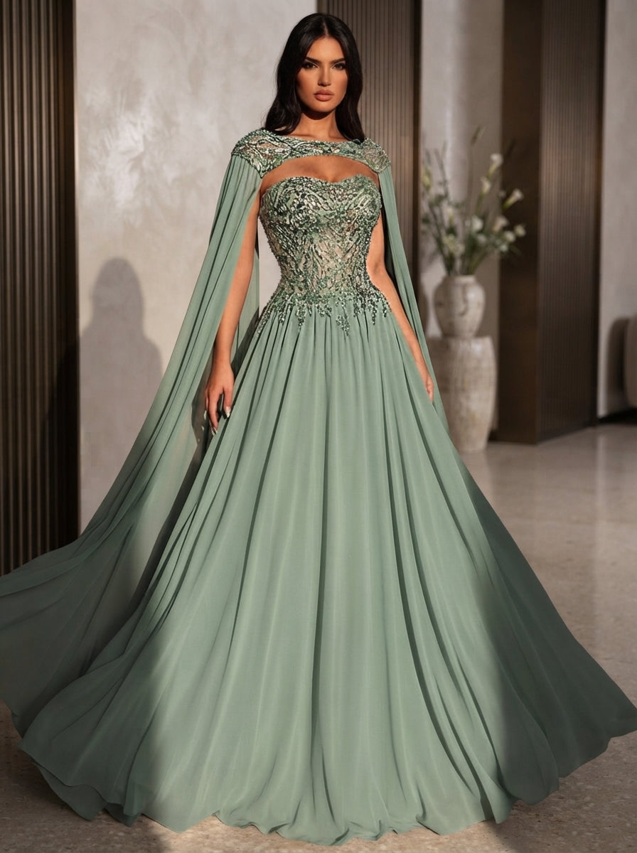 SDE3277 Luxury Pearl Beaded Heavily Embellished Chiffon Gown
