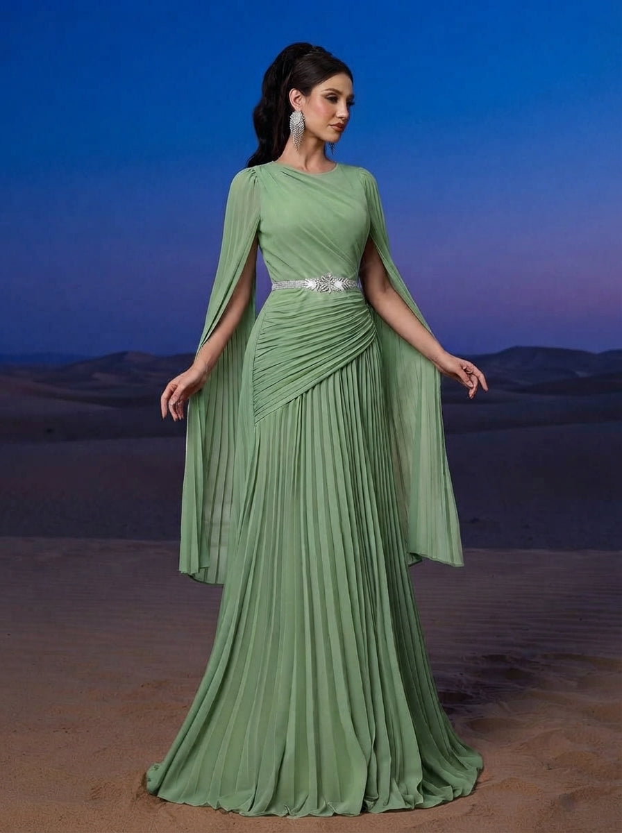 SDE3268 Blue Chiffon Pleated Evening Gown with Detachable Silver Belt
