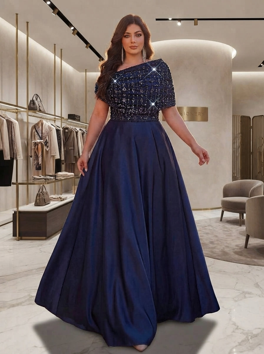SDE3285 Plus Size Navy Blue Beaded Gown with Metal Buckle & Ruffle Detail