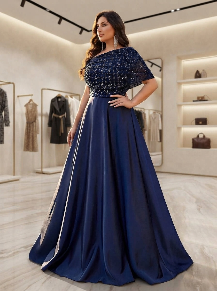SDE3285 Plus Size Navy Blue Beaded Gown with Metal Buckle & Ruffle Detail