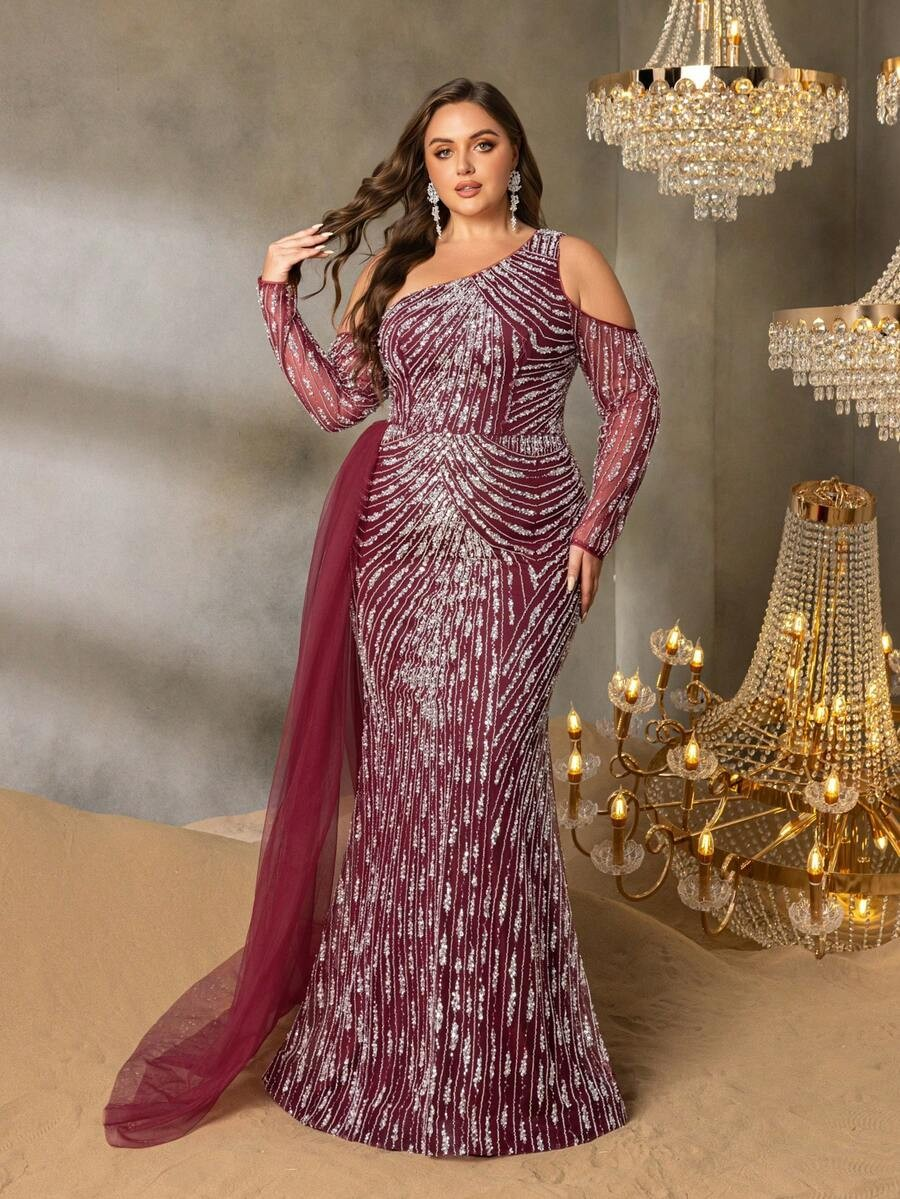 SD3255 One-Shoulder Striped Sequin Mermaid Gown