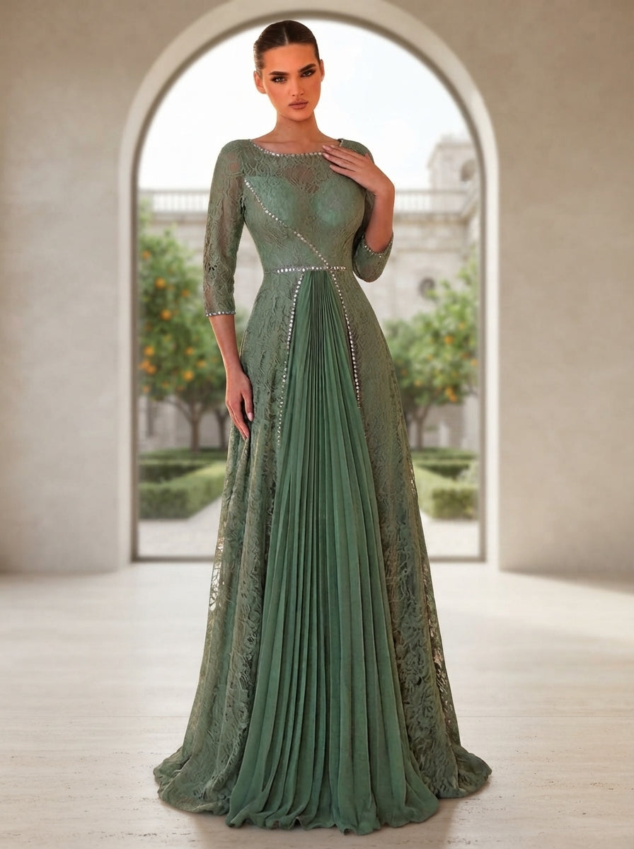 SDE3278 Luxury Lace Patchwork Chiffon Pleated Gown with Rhinestone Details
