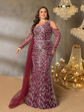 SD3255 One-Shoulder Striped Sequin Mermaid Gown