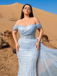 SD3241 Off-Shoulder Sequined Slit Gown image 0