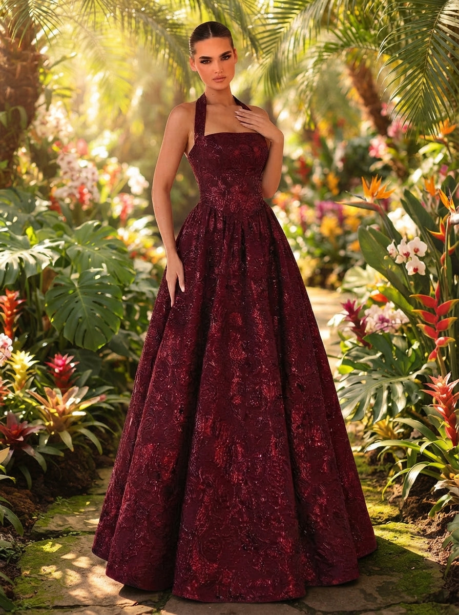 SDE3250 Elegant Burgundy Jacquard Halter Formal Evening Gown