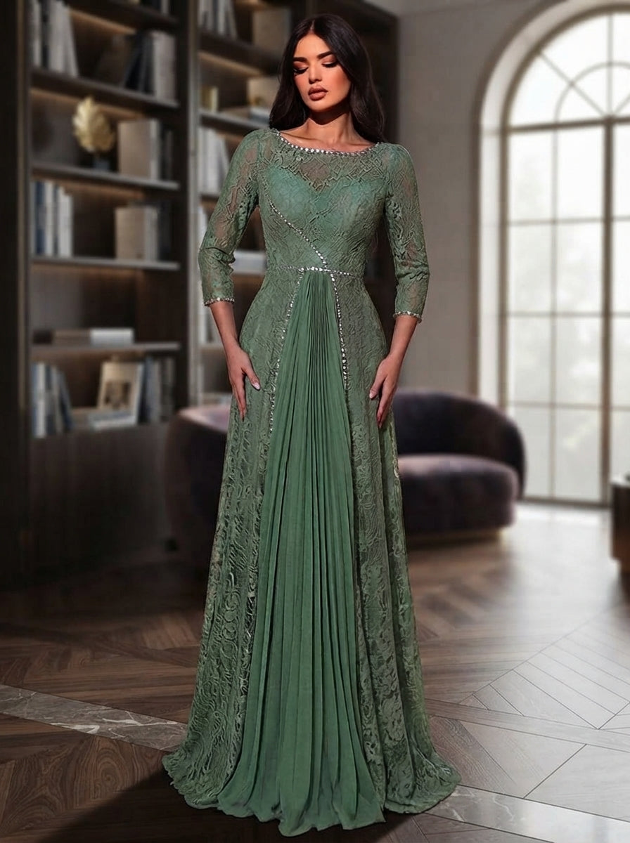 SDE3278 Luxury Lace Patchwork Chiffon Pleated Gown with Rhinestone Details