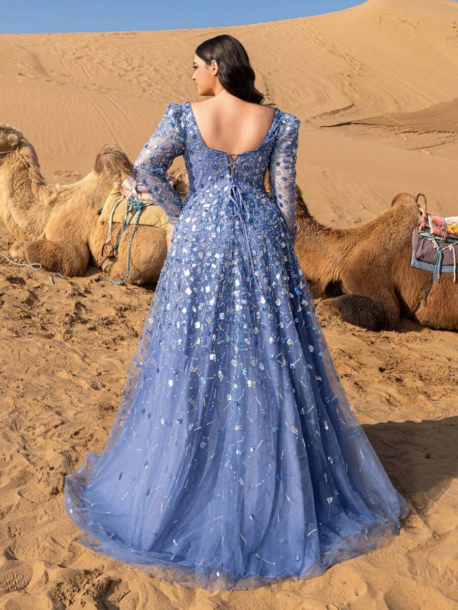SD3254 Lace-Up Back Beaded Sequin Gown