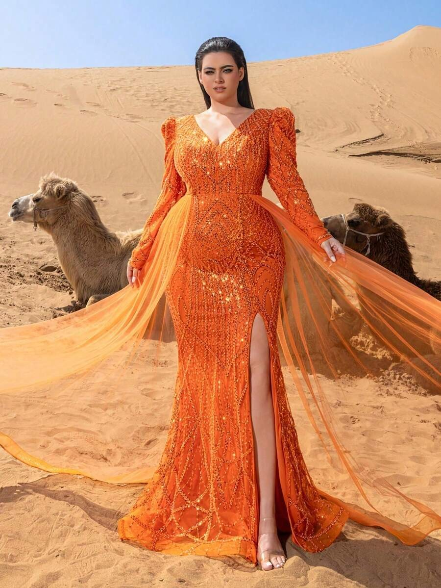 SD3253 V-Neck Long-Sleeve Gown with Flowing Side Panels