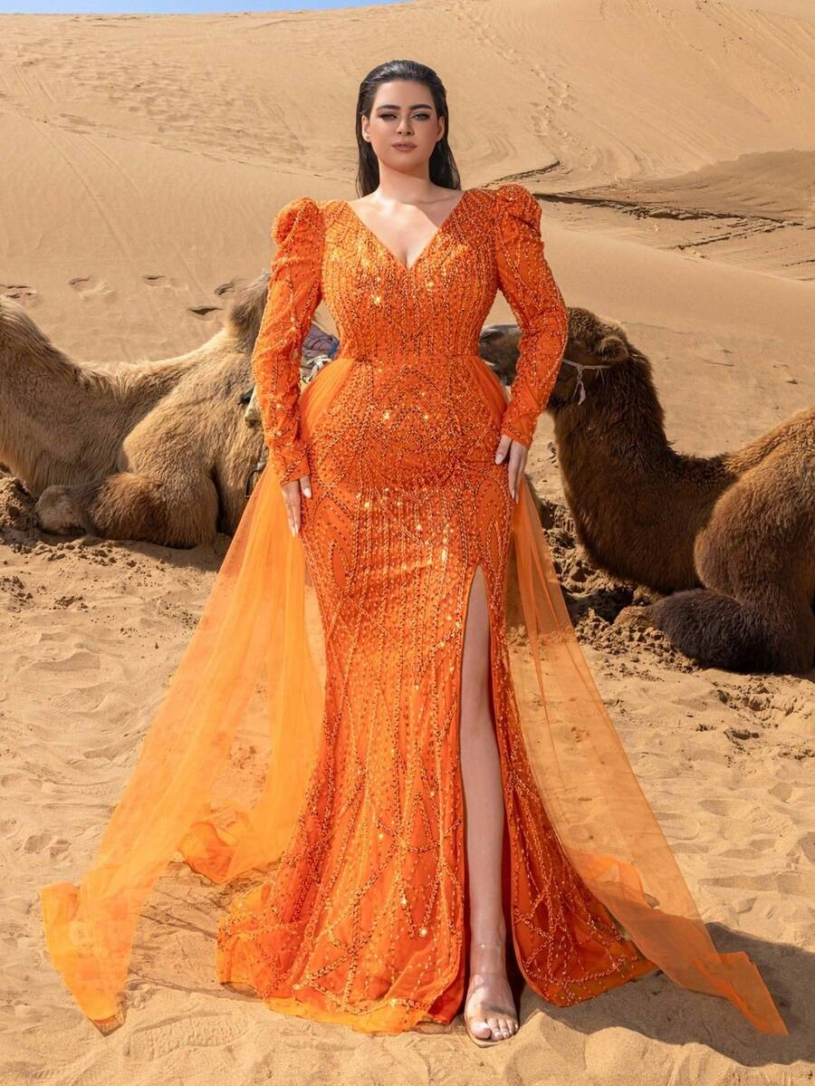 SD3253 V-Neck Long-Sleeve Gown with Flowing Side Panels