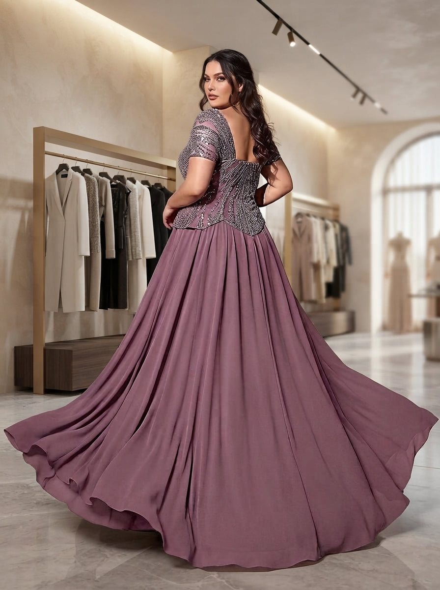 SDE3283 Plus Size Purple Pearl Sequin Floral Gown