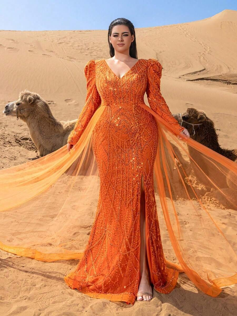 SD3253 V-Neck Long-Sleeve Gown with Flowing Side Panels