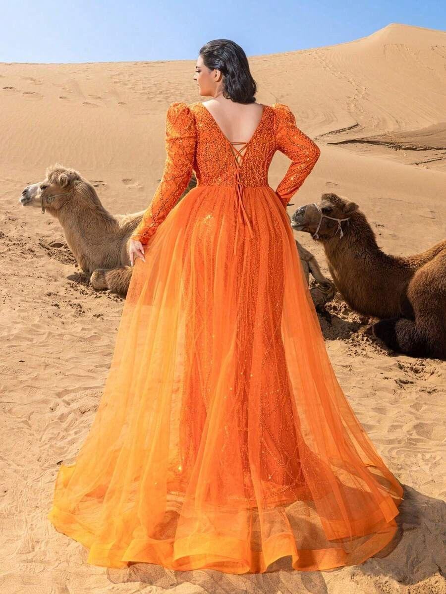 SD3253 V-Neck Long-Sleeve Gown with Flowing Side Panels