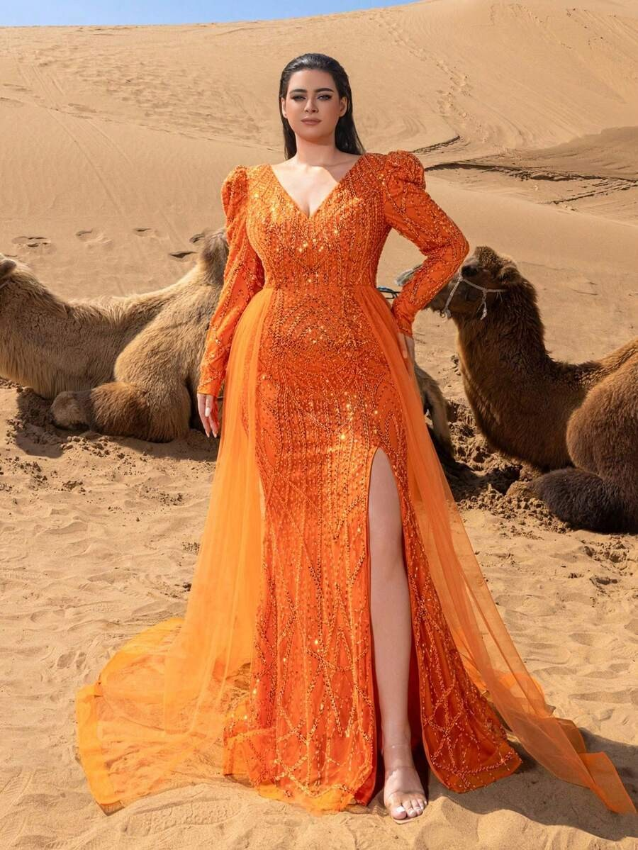 SD3253 V-Neck Long-Sleeve Gown with Flowing Side Panels