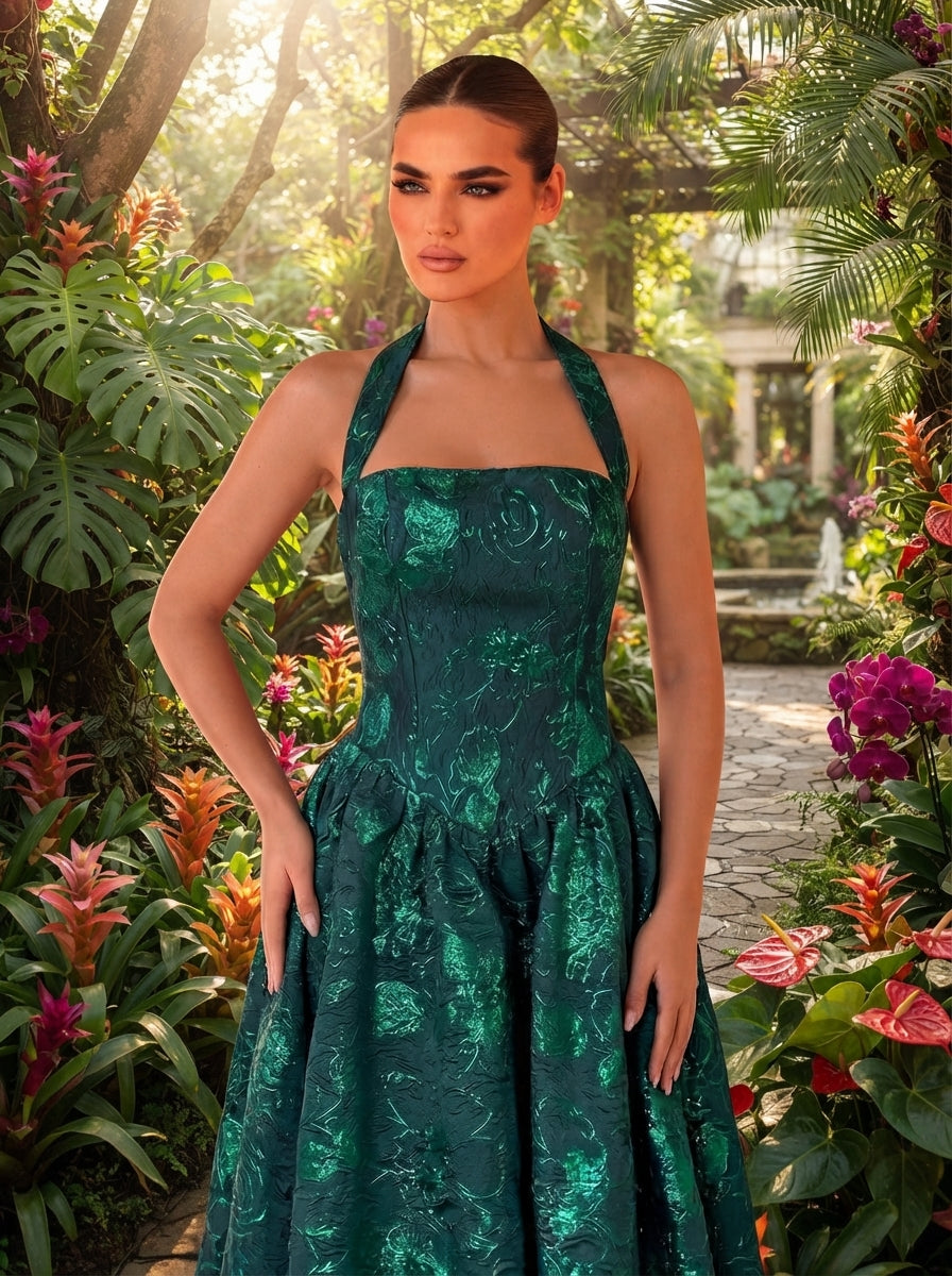 SDE3250 Elegant Burgundy Jacquard Halter Formal Evening Gown