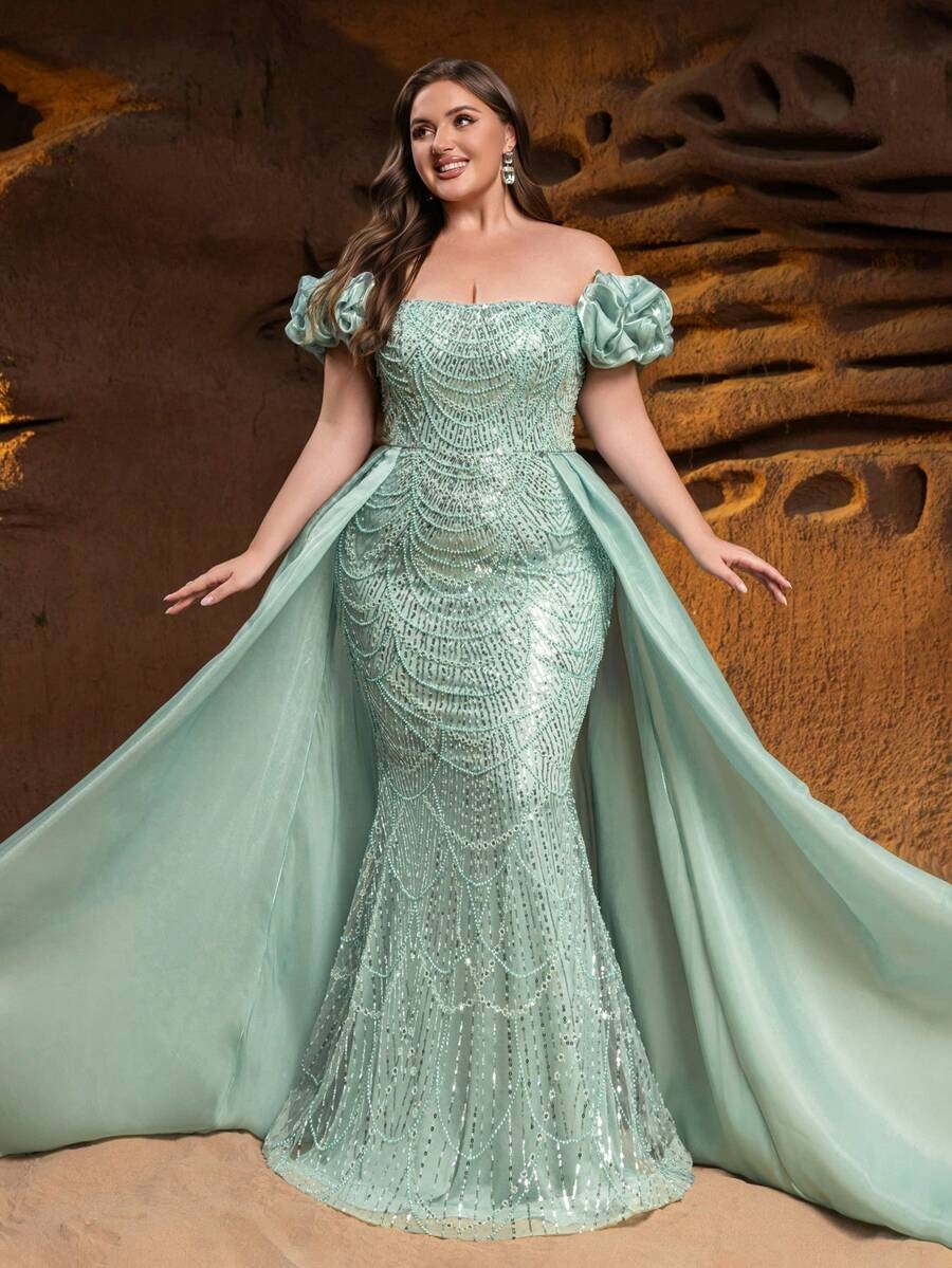 SD3252 Off-Shoulder Floral Ruffle Tulle Gown