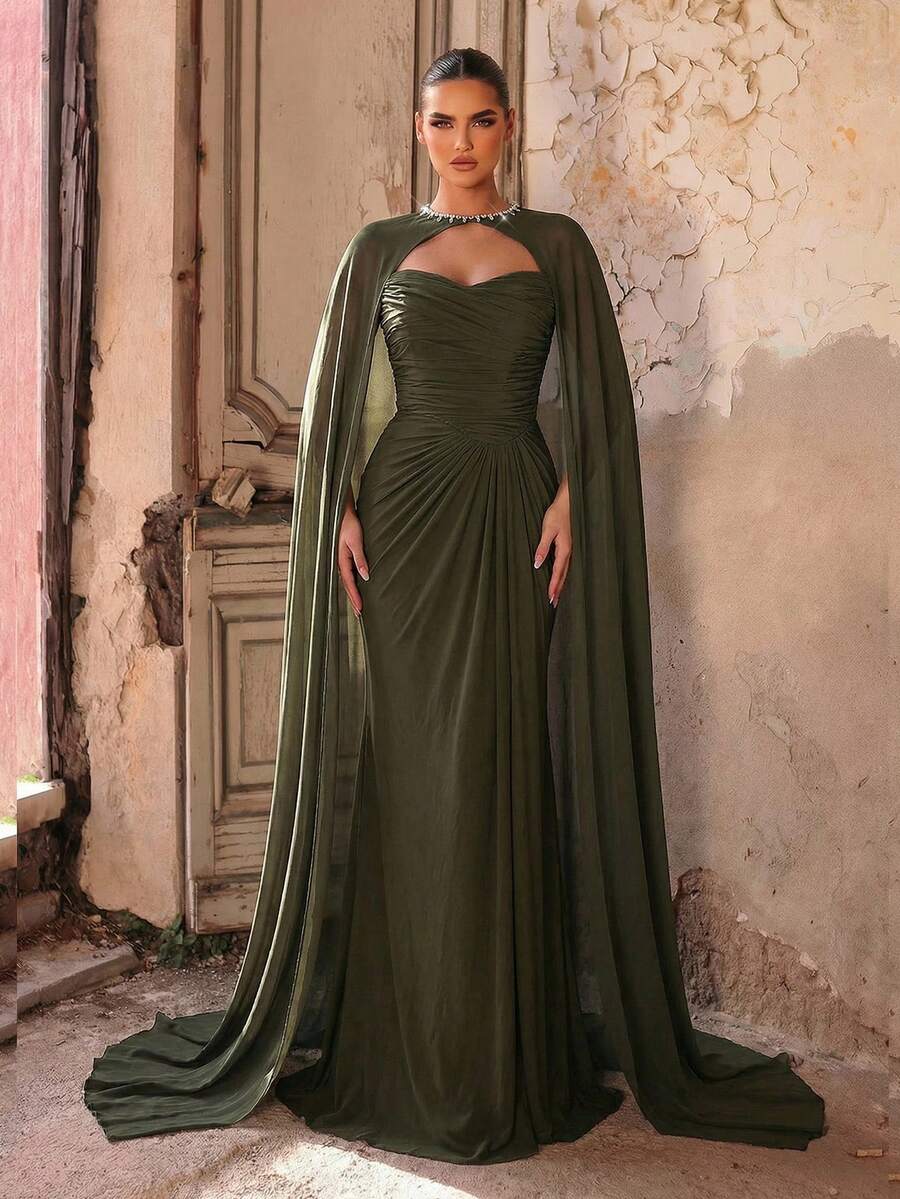 SDE3273 Military Green Stretch Knit & Chiffon Gown with Flowing Shawl