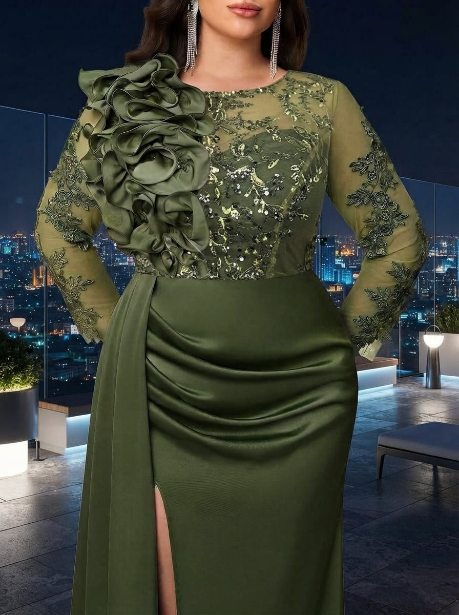 SDE3272 Plus Size Olive Green Beaded Taffeta High-Slit Gown