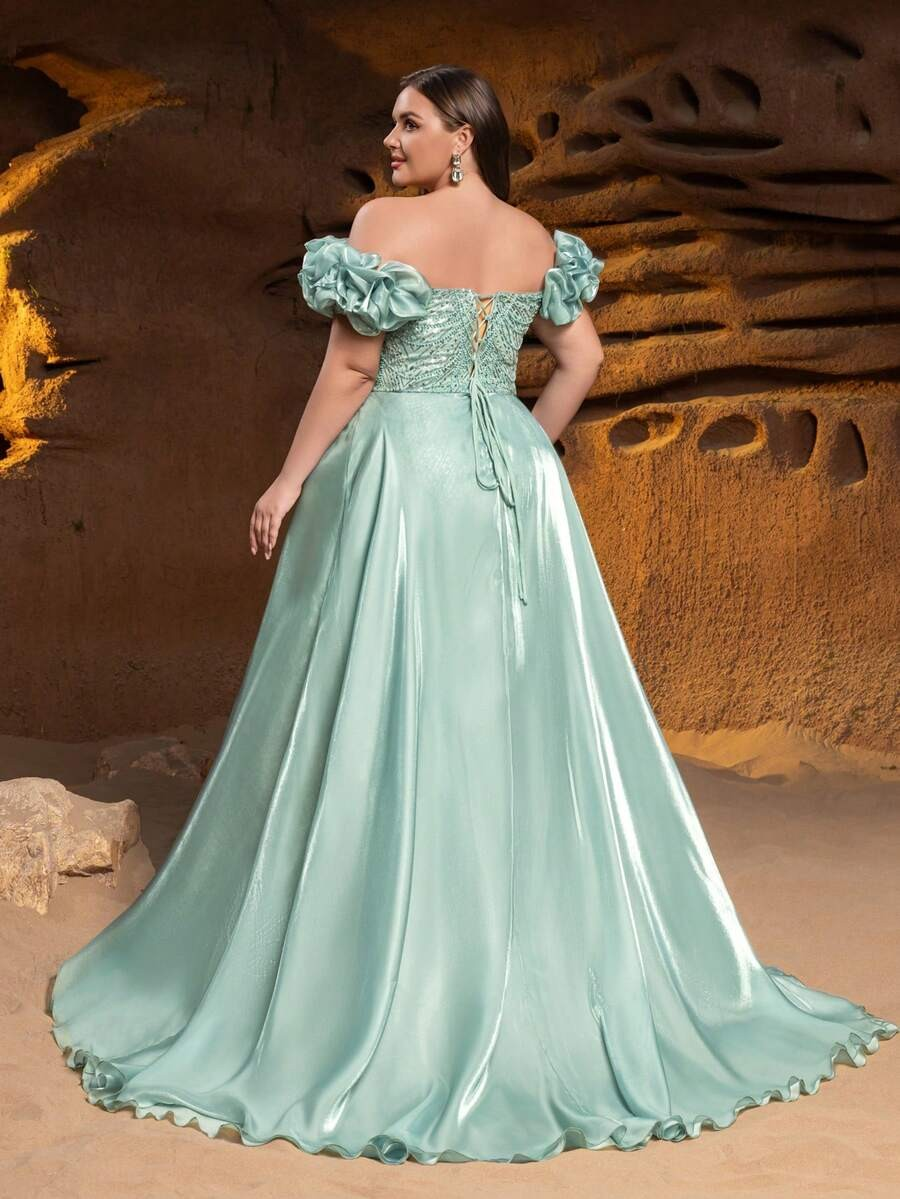 SD3252 Off-Shoulder Floral Ruffle Tulle Gown