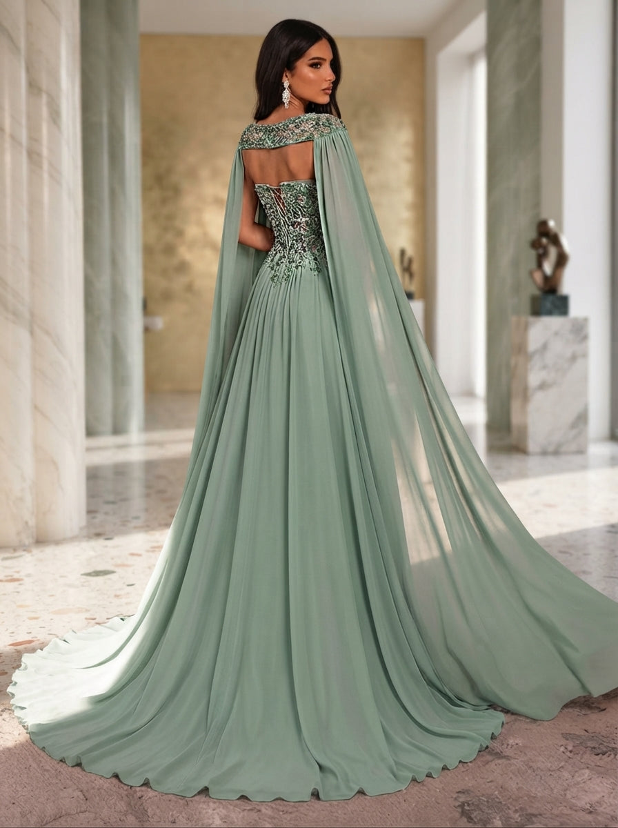 SDE3277 Luxury Pearl Beaded Heavily Embellished Chiffon Gown
