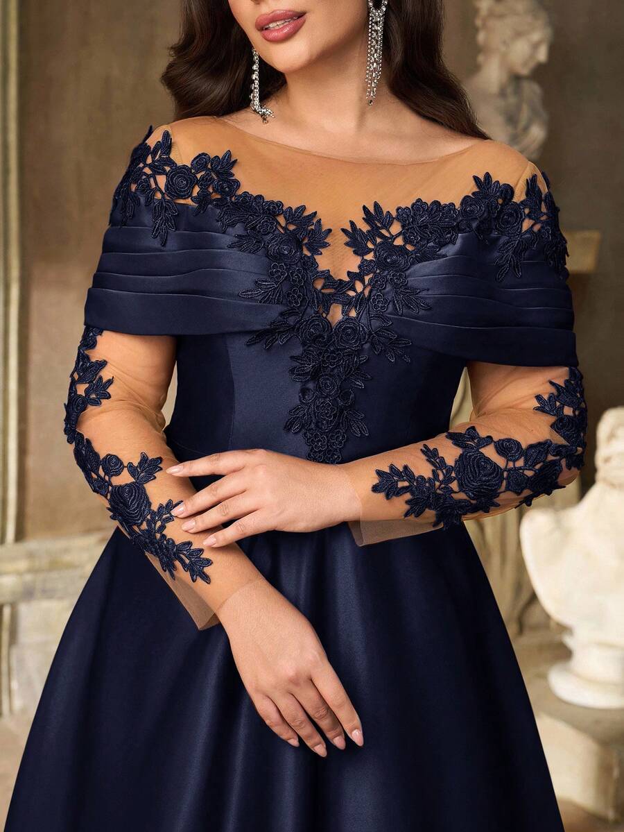 SDE3252 Plus Size Burgundy Lace Applique Off-Shoulder Satin Dress