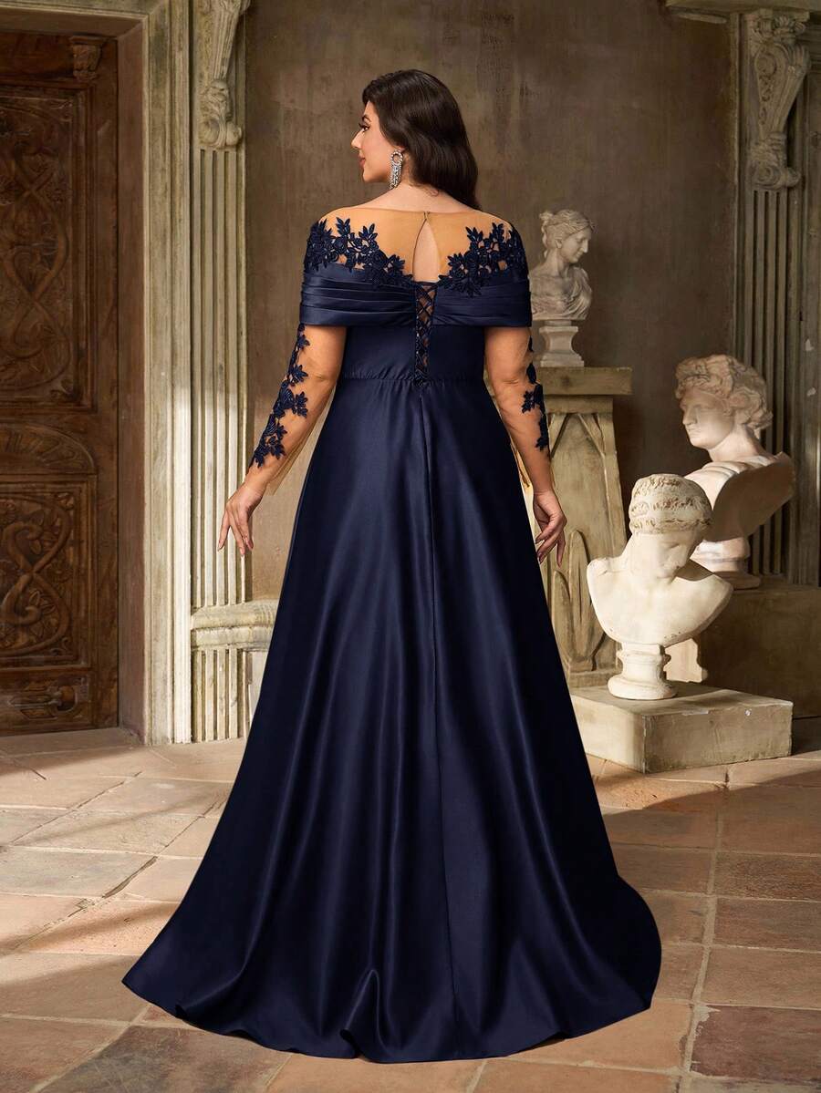 SDE3252 Plus Size Burgundy Lace Applique Off-Shoulder Satin Dress