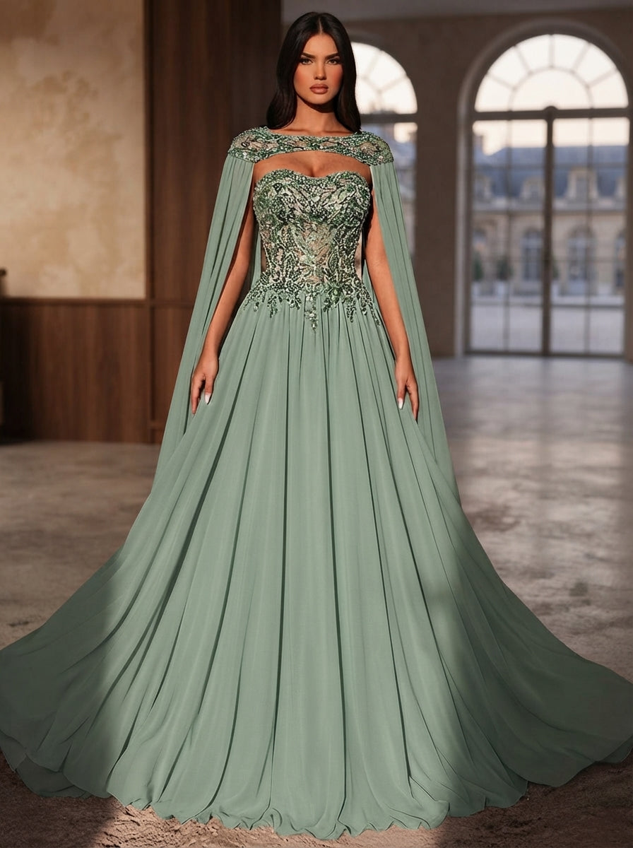 SDE3277 Luxury Pearl Beaded Heavily Embellished Chiffon Gown